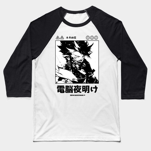 Japanese Cyberpunk Anime Techwear Black and White Baseball T-Shirt by Neon Bang Bang